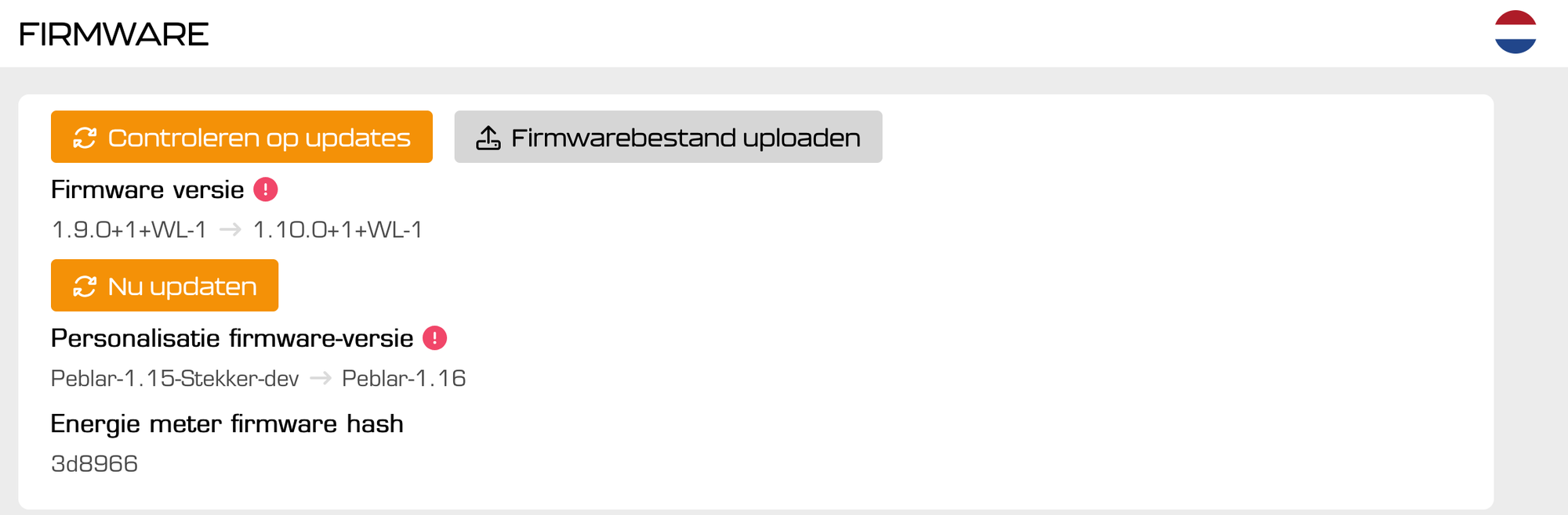 Peblar Firmware-scherm met update van 1.9.0 naar 1.10.0 en de knop Nu updaten